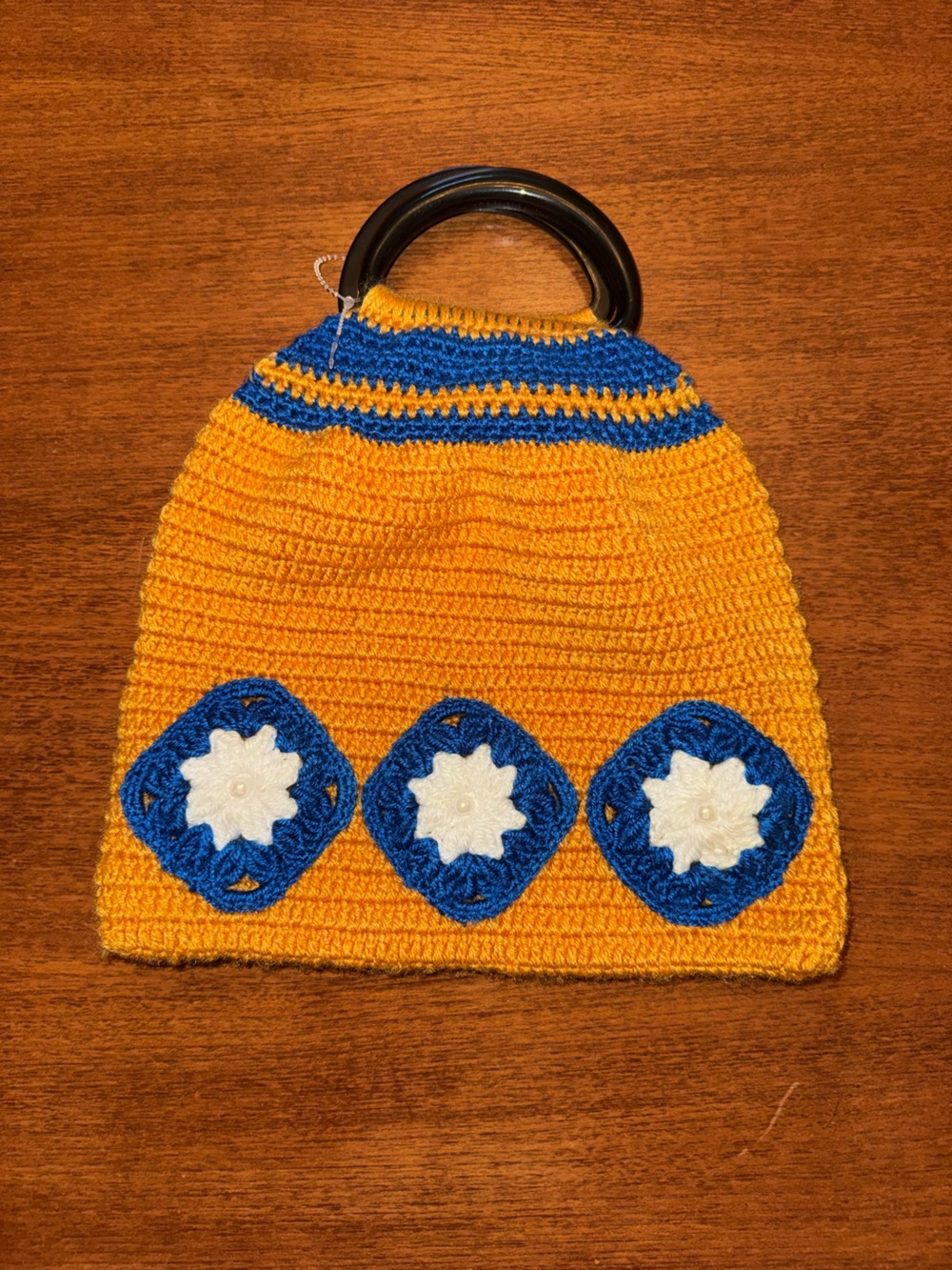 Hand-Crocheted Yellow and Blue Tote Hat with Acrylic Handle